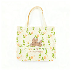 Customizable Cute Mr. Fluffy Floral Canvas Tote Bag - Reusable Eco-Friendly Shoulder Tote with Teddy Dog Print for Daily Shopping & School