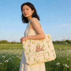 Customizable Cute Mr. Fluffy Floral Canvas Tote Bag - Reusable Eco-Friendly Shoulder Tote with Teddy Dog Print for Daily Shopping & School