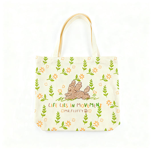 Customizable Cute Mr. Fluffy Floral Canvas Tote Bag - Reusable Eco-Friendly Shoulder Tote with Teddy Dog Print for Daily Shopping & School