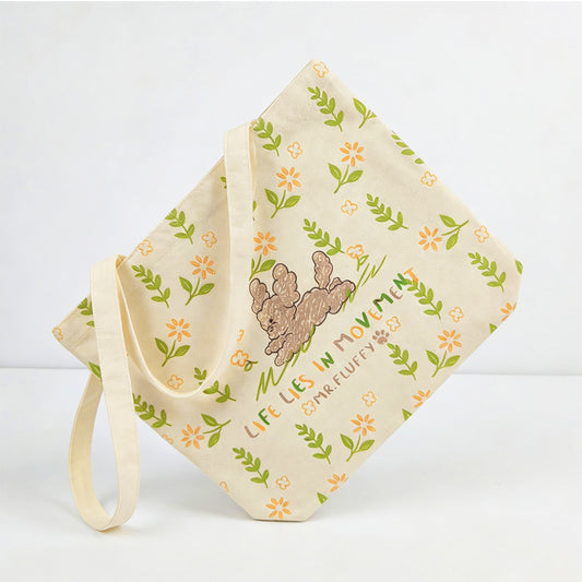 Customizable Cute Mr. Fluffy Floral Canvas Tote Bag - Reusable Eco-Friendly Shoulder Tote with Teddy Dog Print for Daily Shopping & School