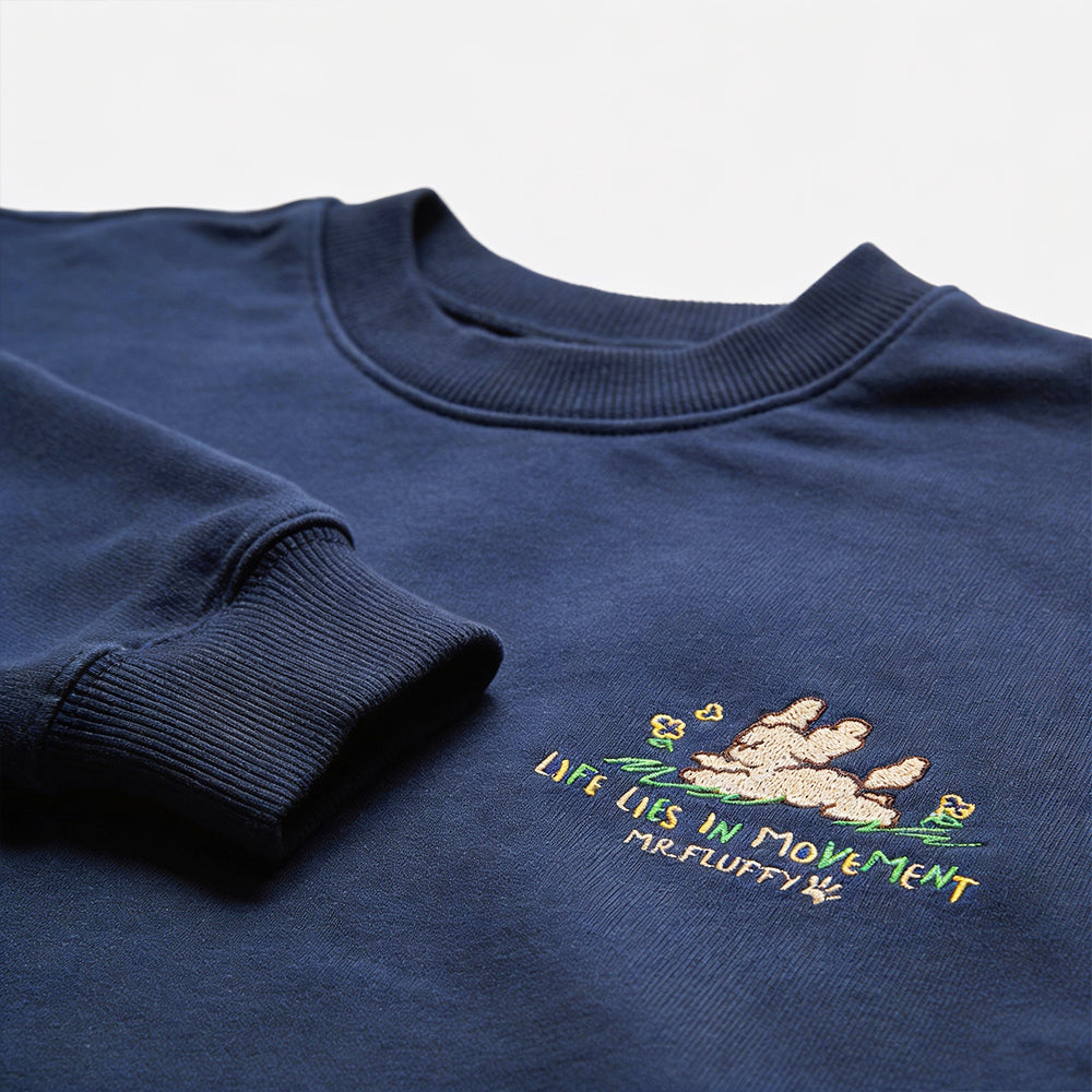 Mr. Fluffy Cartoon Embroidery Oversized Crew Neck Sweatshirt | Heavyweight Cotton Fleece, Winter Pullover, Unisex Casual Jumper with Custom Labels