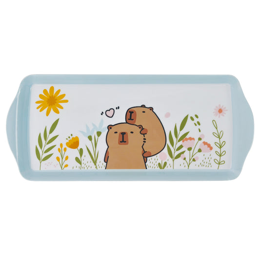 Customizable Children Melamine Rectangle Tray with Handles Cute Capybara Cartoon Pattern Kids Toddler Serving Platter