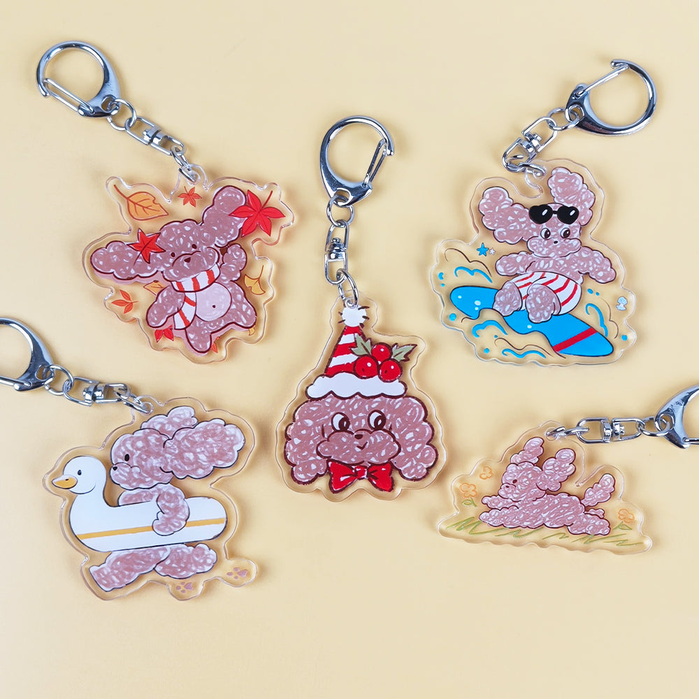 Cute Mr. Fluffy Teddy Dog Acrylic Keychains - Customizable UV Printed Seasonal Themed Charms with Metal Clasps, Display Box Packaging for Backpack & Gifts
