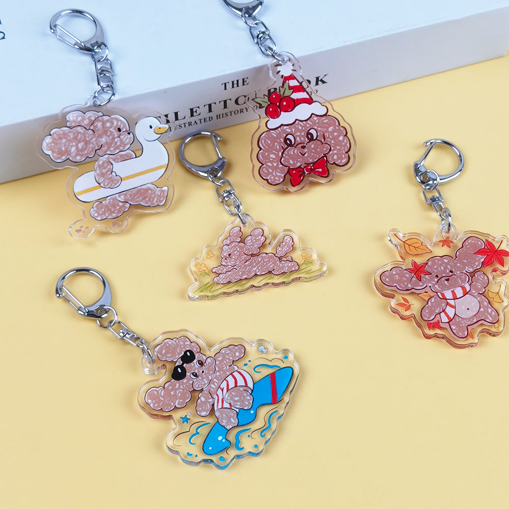 Cute Mr. Fluffy Teddy Dog Acrylic Keychains - Customizable UV Printed Seasonal Themed Charms with Metal Clasps, Display Box Packaging for Backpack & Gifts