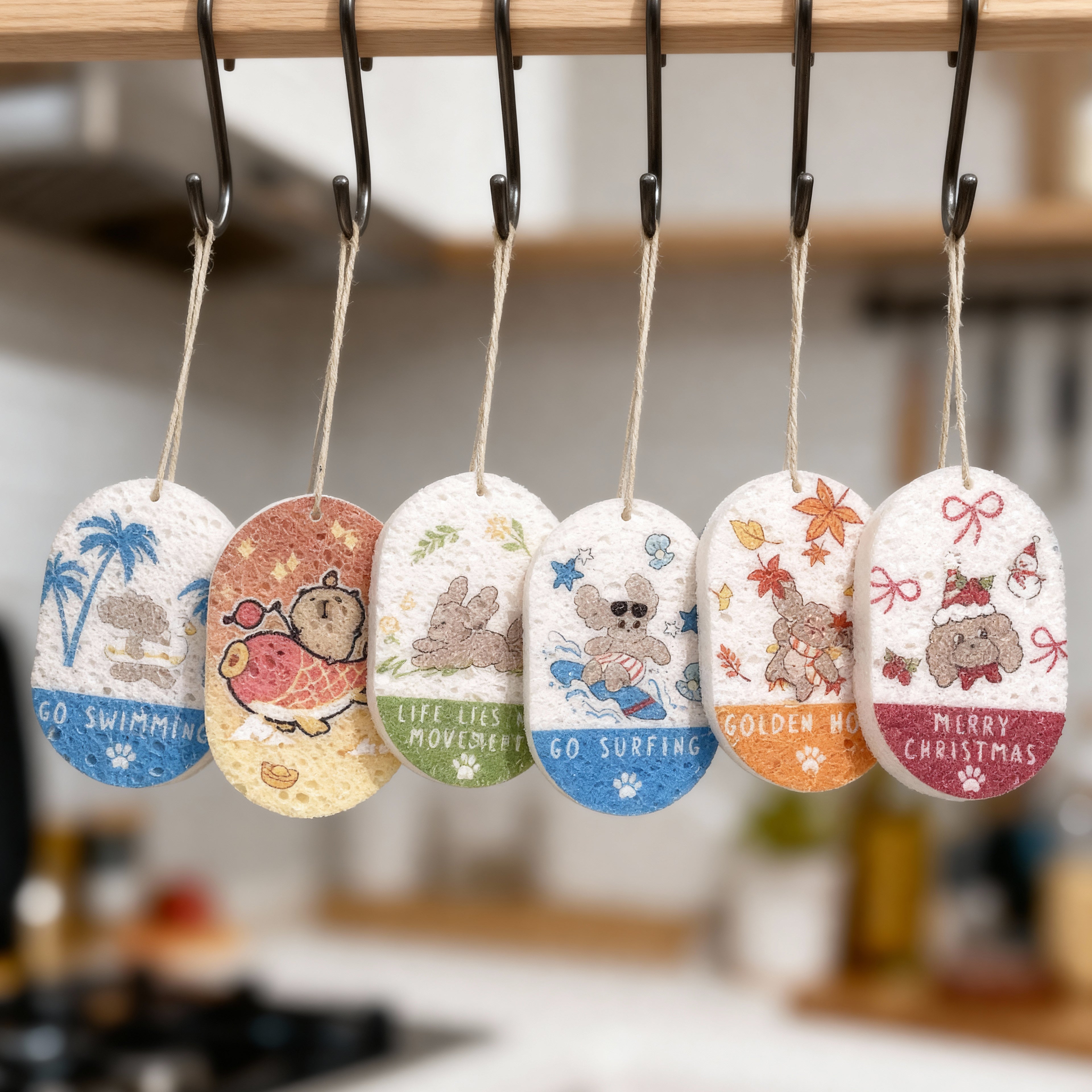 Himake Compressed Wood Pulp Cute Cartoon Mr.fluffy Cleaning Dishwashing Sponge for Kitchen Reusable Sponges Quick Drying for Kitchens